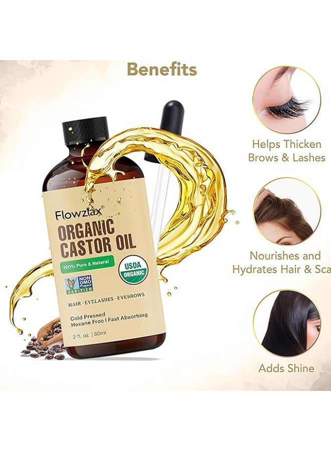 Flowziax Organic Castor Oil, USDA Certified, 100% Pure, Hexane Free, Cold Pressed, for Eyelashes Eyebrows Hair Growth, with Eyebrow & Eyelash Brush, 60ml - Image 2